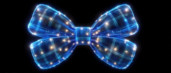 Glowing blue wireframe bow tie with illuminated plaid pattern and bright specks on black background