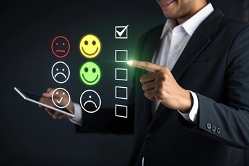 Businessman touching a virtual screen icon on a digital touchscreen tablet representing future business communication technology