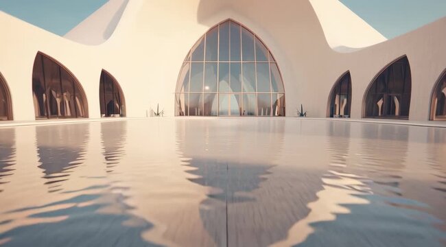 Serene architectural marvel reflecting in crystal water, evoking tranquility, design, and beauty,