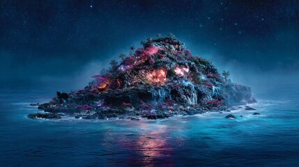 Enchanted Island with Lush Flora Under Starry Sky at Night