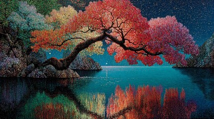 Majestic Tree Reflection on Serene Water Under Starry Night Sky