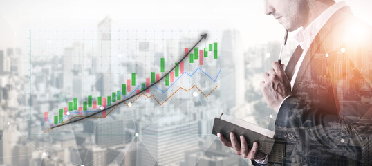 A businessman reflects on financial growth while analyzing data trends in an urban setting. This...