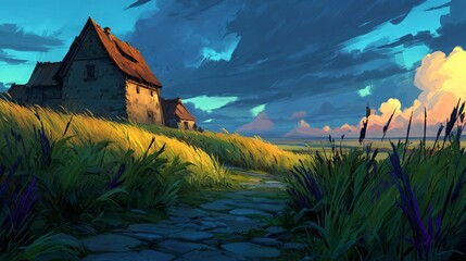 Serene Countryside Landscape with Dramatic Clouds and Pathway