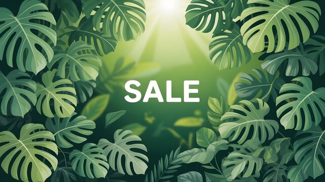 Lush tropical monstera leaves frame a vibrant green background with a bright light source, highlighting the word sale for special discounts - Powered by Adobe