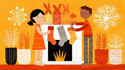 Children Decorating Fireplace with Stockings for Winter Celebration