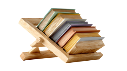 Stack of old books on a wooden book stand isolated on transparent background