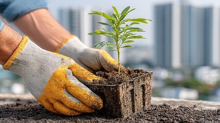 Hands Planting Young Sapling in Soil on Urban Rooftop Garden