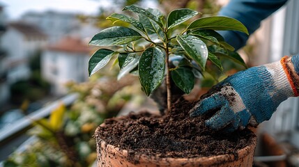 Hands Planting Young Tree in Pot with Soil on Outdoor Balcony