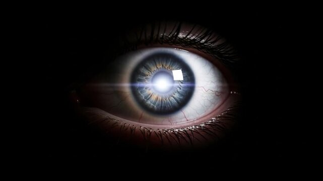 Close up extreme macro shot of human blue eye iris detail with lens flare in the dark