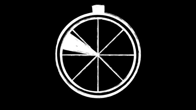 Animated Hand-Drawn Stopwatch Countdown Timer Loop Video on a Black Background with Chalk Texture, time, clock, second, minute, measure, part, division, section, segment, portion, ratio