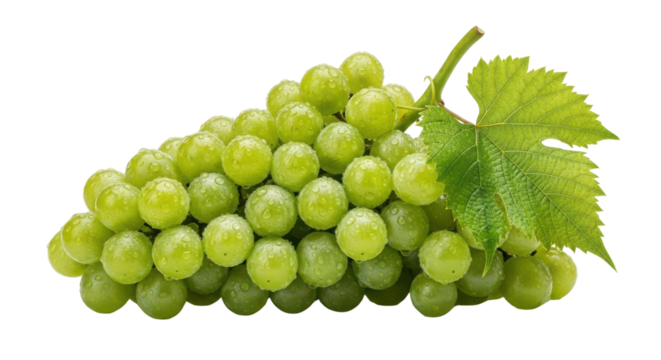 Fresh Green Grapes Bunch with Leaf Isolated on White Background Product Shot