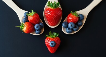 Fresh and Juicy Strawberries and Blueberries Served on Wooden Spoons