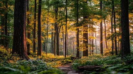 Sunlight Filtering Through Trees in Lush Green Forest Setting