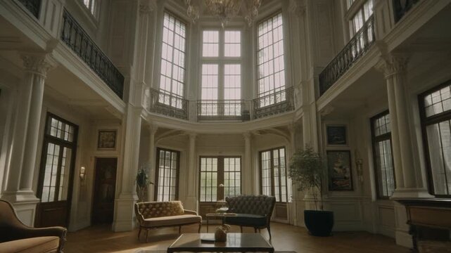 Grand classical interior hall with tall windows and ornate detailing.