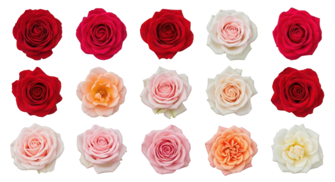 Top View Collection of Red, Pink, and Cream Rose Heads Isolated on White Background