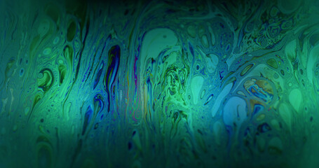 Defocused psychedelic texture. Circling fluid. Green neon blue color paint bubble wet flow floating on abstract acrylic background.