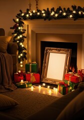 A cozy Christmas living room scene with a decorated fireplace, glowing lights, wrapped presents, and a blank picture frame.