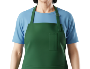 Green Bib Apron Mockup Product Shot on Woman Wearing Blue T-shirt Isolated