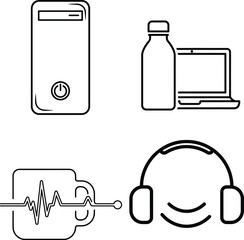 Line art icons collection desktop computer, laptop with bottle, coffee cup with sound wave, and headphones, isolated on a white background