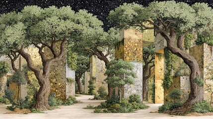 Surreal Forest Landscape with Trees and Abstract Structures at Night