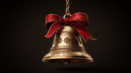 Festive gold bell tied with red ribbon isolated dark background