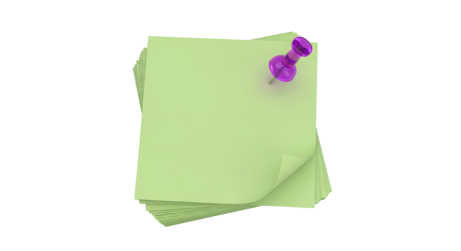 3D Render Stack of Blank Green Sticky Notes with Purple Thumbtack Isolated on White Background