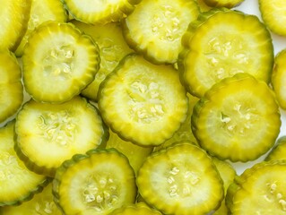 Close-up view of a pile of freshly sliced, bright green pickle rounds.
