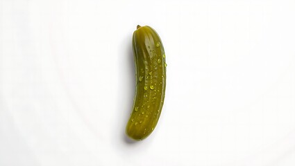 A single fresh gherkin with visible water droplets resting on a clean white background, showcasing its vibrant green color and texture.
