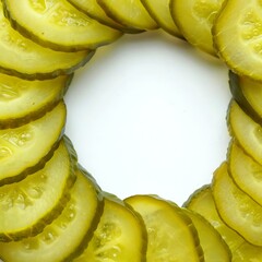 Circular arrangement of sliced pickles creating a border around a white, empty space.