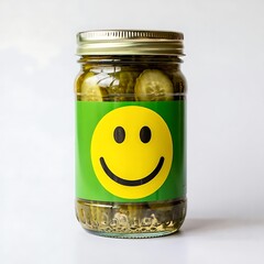 A glass jar filled with pickles, displaying a happy face on a green label.