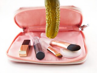 A pickle is being dropped into a pink makeup bag filled with various cosmetics and brushes, creating a humorous juxtaposition.
