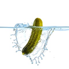 A dill pickle plunges into water, creating a dynamic splash against a clean, white background.