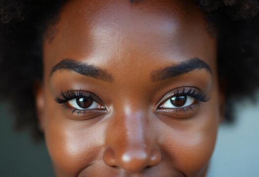close up black female confident eyes, long lashes and polished makeup, radiant skin and studio lighting, fashion model pose with poised expression, editorial beauty portrait highlighting glow