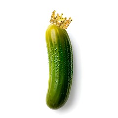 A fresh green cucumber stands upright, humorously wearing a small golden crown on a clean white background.