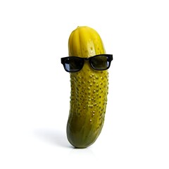 A single pickle wearing sunglasses, standing upright against a clean white background.