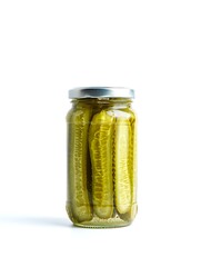 A glass jar filled with pickled cucumbers, preserved in brine, sealed with a silver lid, against a clean white background.