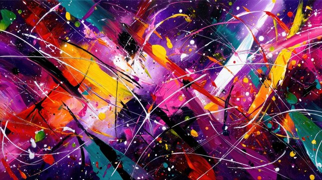 An abstract painting featuring a dynamic explosion of vibrant colors, including purple, pink, orange, yellow, and teal, with energetic brushstrokes and paint sp