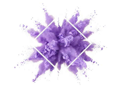 Vibrant Lavender Purple Pigment Powder Explosion with White Geometric Diamond Frame Isolated on White - Powered by Adobe