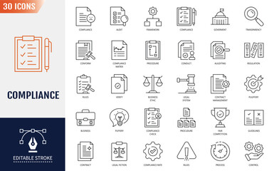 Compliance icon set. compliance, regulatory, governance, corporate, transparency, regulations and more. Editable stroke. Vector illustration
