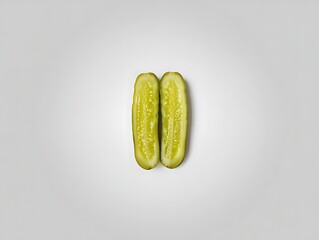 Two halves of a fresh, green pickle are isolated against a plain, light background.