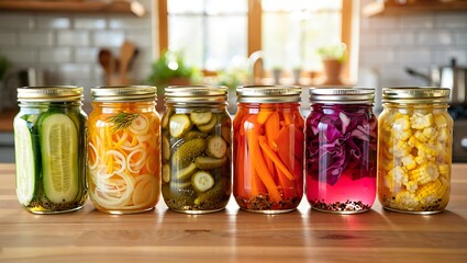 A collection of glass jars filled with colorful pickled vegetables, displayed on a wooden surface.
