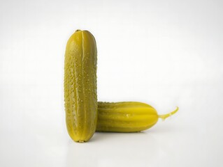 Vibrant green pickled gherkins, one upright and one horizontal, presented on a bright white studio backdrop.