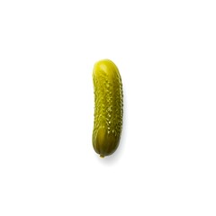 A single vibrant green pickled gherkin stands vertically on a clean white background, highlighting its bumpy texture.