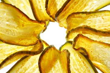 Close-up view of dried zucchini slices arranged in a circular formation, showcasing texture.