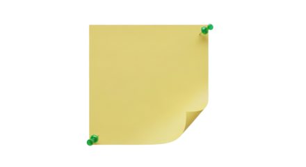 Blank Yellow Sticky Note Paper Memo Attached by Green Push Pins Isolated on White