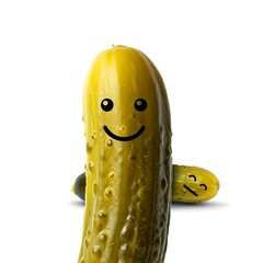 Two cartoon pickles with drawn faces, one smiling, the other looking displeased, on a white background.