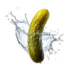 A green pickle is captured mid-air, surrounded by a dynamic splash of water against a clean white background.
