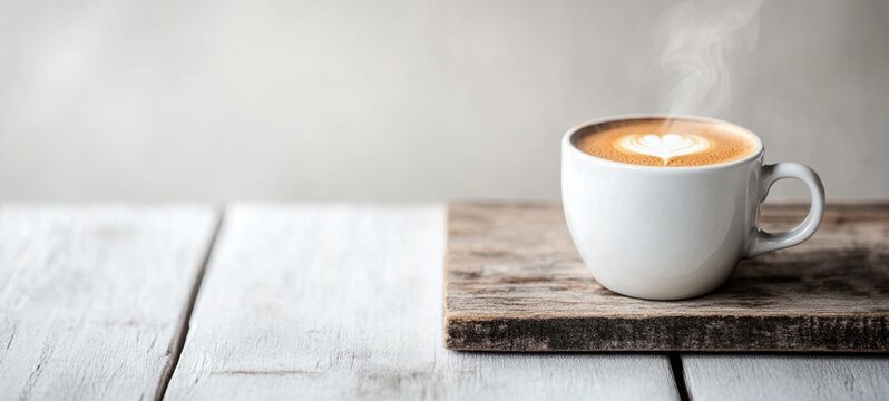 Cozy cafe moment with a steaming cup of aromatic coffee on a rustic wooden desk  Warm frothy cream and swirls of steam add to the relaxing ambiance perfect for a morning break or work pause