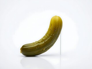 A single bumpy green pickled cucumber stands upright on a reflective white surface.
