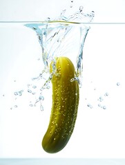 A crisp green pickle plunging into clear water, creating a dynamic splash with droplets frozen in motion.
